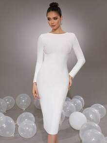 Sexy Women's Long Sleeve Large Zipper Back Bodycon Midi Dress For Vacation And Party - Putih - View 3