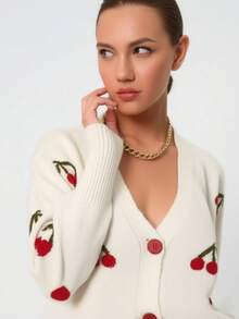 Women's POPULAR Cherry DETAILED Knit Cardigan - Cream - View 2