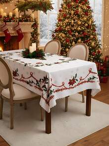 1pc Christmas Tablecloth, Bell & Christmas Tree Design, Waterproof Polyester Tableskirt, Tabletop Decor, Perfect For Christmas Party, Room, Kitchen, Home Decoration - Multicolor - View 14
