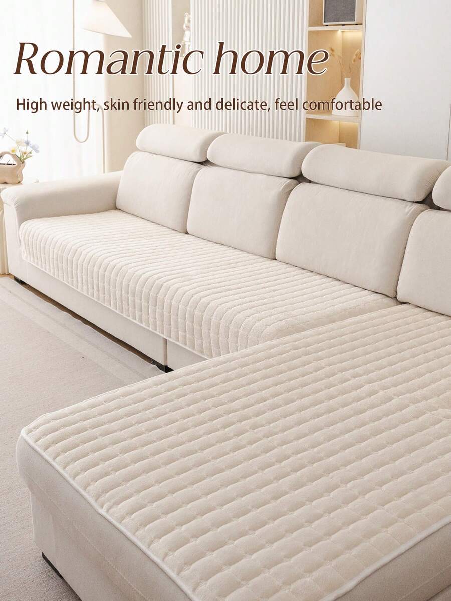 1pc Thick Warm Solid Color Milk Velvet Sofa Cushion, Style Pet-Friendly Anti-Dirty Anti-Slip Sofa Cover, Autumn/Winter Anti-Scratch Sofa Protector Suitable For L-Shaped Combination Sofa And 1/2/3/4 Seat Sofa (Single Piece Sold) - Beige - View 1