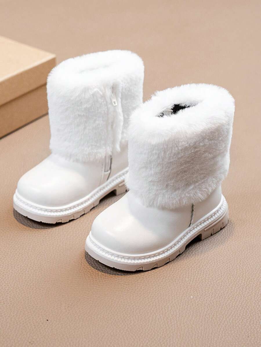 1 双女童蓬松舒适平底防滑雪地靴,适合秋冬季日常户外穿着 - 白色 - 查看 1