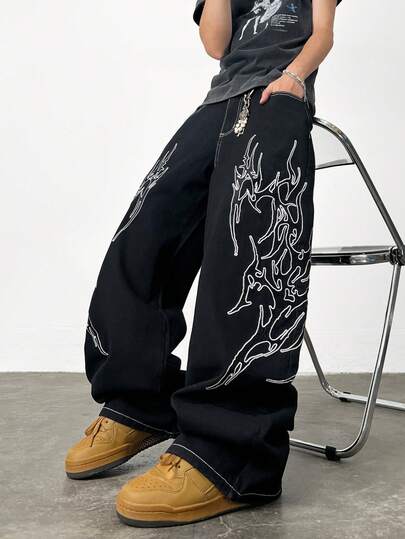 1 件正义兄弟休闲美国品牌街头风格刺绣撞色缝线男士宽松直筒牛仔裤，百搭四季水洗牛仔裤