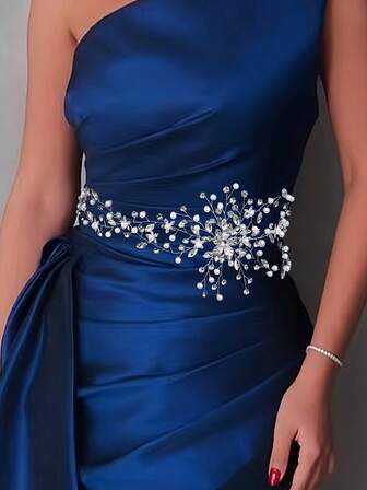 1pc Elegant Women's Pearl & Rhinestone Embellished Waist Belt, Faux Pearl Decor Bridal Sash, Luxurious Western Style Wedding Accessory, Suitable For Banquet, Daily Wear, Christmas, Thanksgiving