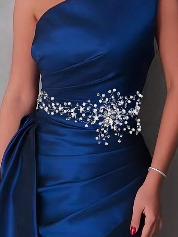 1pc Elegant Women's Pearl & Rhinestone Embellished Waist Belt, Faux Pearl Decor Bridal Sash, Luxurious Western Style Wedding Accessory, Suitable For Banquet, Daily Wear, Christmas, Thanksgiving