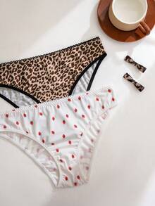 5pcs/Pack Women's Seamless Breathable Strawberry & Leopard Print Panties