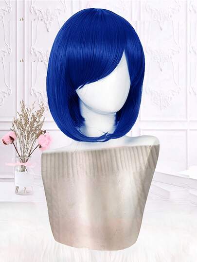 12-Inch Blue Bob Wig With Bangs, Straight Synthetic Hair For Women - A Fashionable Daily And Cosplay Wig, 100% Density, High-Temperature Fiber, Suitable For All Races