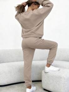 Women's Autumn And Winter Simple Solid Color Loose Pullover Sweatshirt + Solid Color Elastic Waist Cuffed Long Pants Casual, Fashionable, Temperamental, Commuting, Versatile Two-Piece Set - Màu be - Xem 2