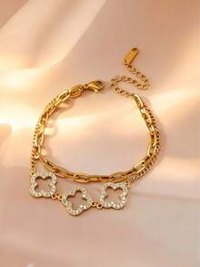 1 件优雅优质迷人实惠不锈钢镂空全密镶四叶草手链/手镯，女士珠宝礼物，适合日常佩戴、派对、购物、约会 - 幸運手鍊(3帶鋯石) - 查看 10