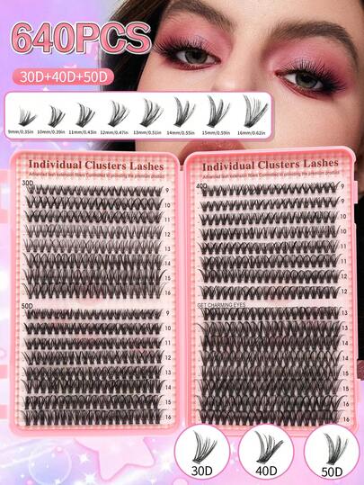 640 piezas Clusters de pestañas individuales de gran capacidad 30D + 40D + 50D Rizo D 9-16mm Kit de clusters de pestañas con temática de Halloween para un volumen dramático y un aspecto natural, extra grueso y vaporoso, ultra suave y súper ligero