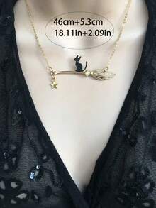 1pc Cartoon Halloween Jewelry Funny Black Cat Star Witch Broom Pendant Necklace, Fashion Novelty Accessory - Perfect Gift For Halloween Witch Costume, Cat Lovers, Daughters, Granddaughters, Birthday, Mother's Day, Witch Tea Party Role Play