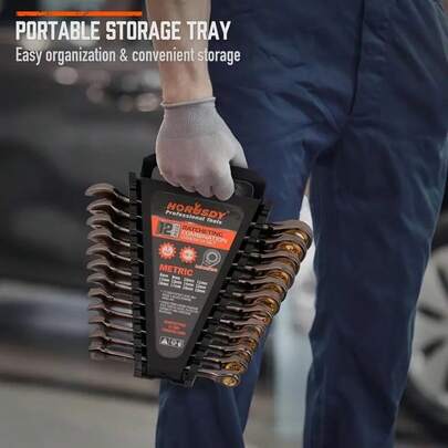 12pcs Metric Ratchet Wrench Set, 8-19mm Ratchet Combination Wrench With Organizer, 72 Teeth Chrome Vanadium Steel