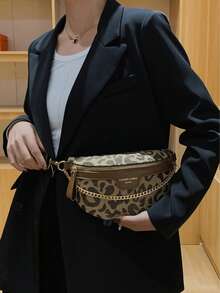 Millennial Vintage Chain Decor Houndstooth & Leopard Print Shoulder & Waist Bag, Leopard Print Bag, Animal Print Women Bag