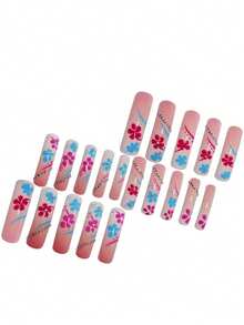 20 pezzi di unghie finte lunghe e curve con motivo floreale millennium, decorazione con catena di strass, include smalto gel e lima per unghie, design audace e unico per le donne