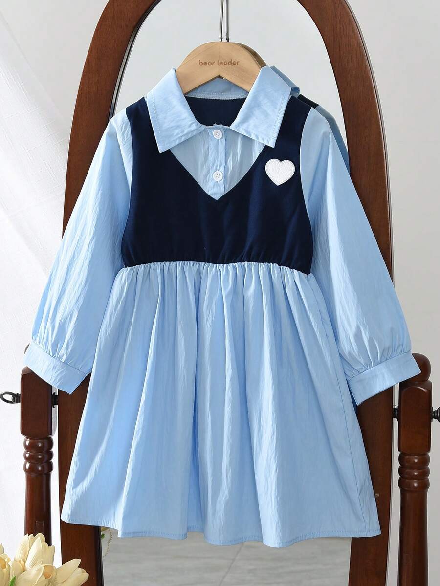 Fall Splice Long Sleeves Love Patch Shirt-Like Dress For Young Girls Spring Turn-Down Collar Fashion Style Clothes Young Girl Casual Wear 3 To 7 Years - Blue - View 1