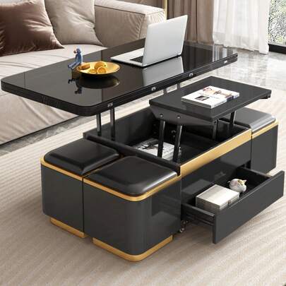 Guyii Lift Top Coffee Table, Multifunctional Coffee Table With 4 Storage Stools, Space Saving Folding Dining Table For Living Room, Home Office, Small Space