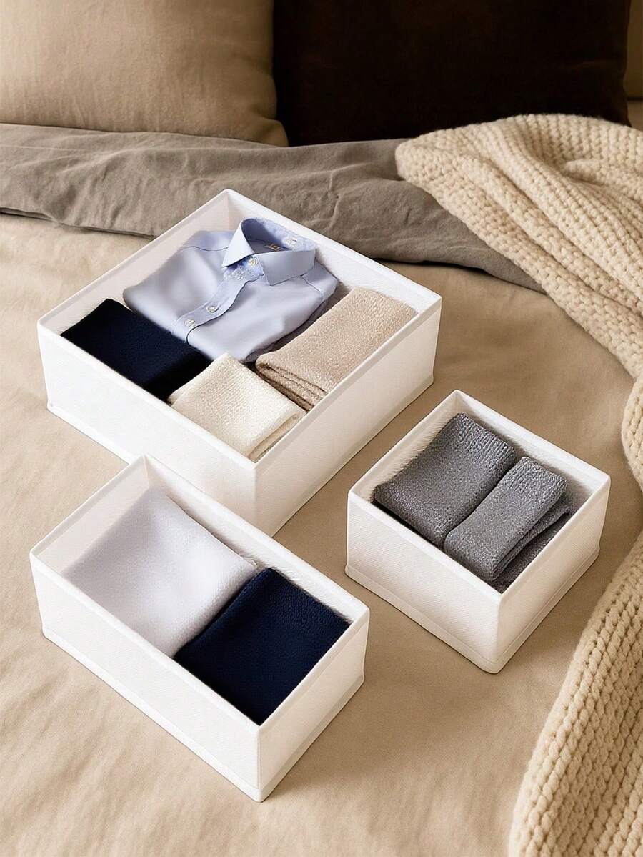 1 Set Non-Woven Fabric Storage Boxes, Foldable Wardrobe Organizers, Drawer Dividers, Makeup Storage Containers,Bedroom Room Decor,Back To School - White - View 1