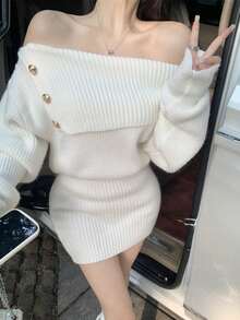 韩版简约露肩修身毛衣裙 - 白色 - 查看 5