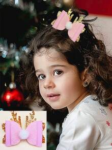 2pcs Christmas Deer Antler Bow Pom Pom Hair Clips, Children Christmas Holiday Costume Hair Accessories, Glitter Duck Clip, Suitable For Daily Outfit And Gift Matching