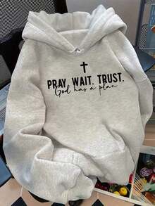Letter Retro Retro English Back To School Season PRAY WAIT TRUST GOD HAS A PLAN Back To School Women Outfits  Women's Casual Hoodies-Autumn/Winter New Arrival: Long-Sleeve Hooded Sweatshirt For Men And Women-F91
