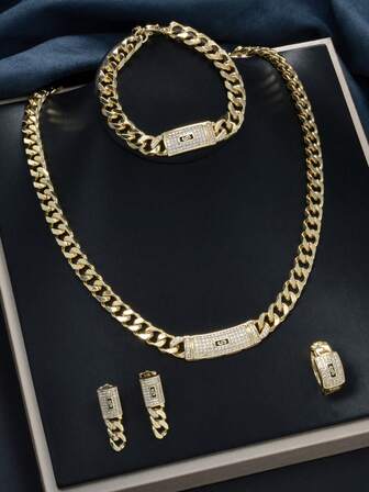 5件套奢华时尚18k镀金全锆石项链耳环戒指手链首饰摩洛哥嘻哈风格首饰套装女士男士日常佩戴派对节日情人节礼物