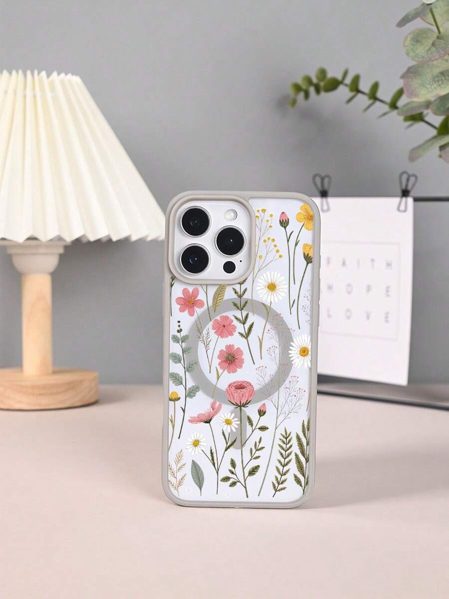 Funda para teléfono con estampado floral fresco, elegante funda protectora con diseño magnético que permite la carga inalámbrica, diseño de moda y estilo simple y fresco, para iPhone 16Promax 16 15 14 13 12 11 Plus Pro S25Ultra S24 23 22Plus FE case - Gris - Ver 1
