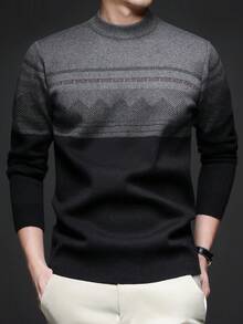 Jersey de cuello redondo grueso para hombre, suéter de punto jacquard de estilo casual de negocios de manga larga, adecuado para usar en capas o como prenda exterior, con estampado de cuadros y rayas, para otoño/invierno