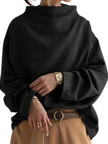 New Solid Color Spring, Summer And Autumn One-Shoulder High Collar Long Sleeve Top Casual Black - Black - View 7