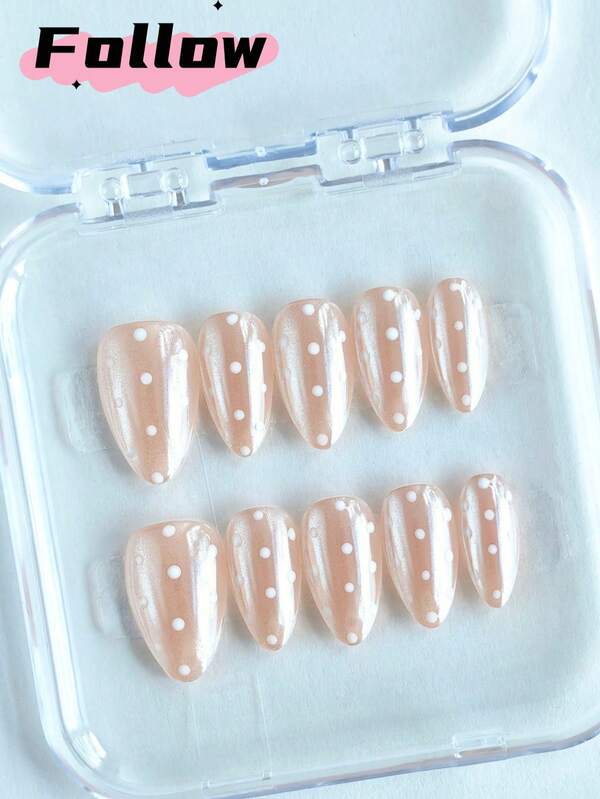 10pcs Short Almond Handmade Press-On Nails,Fall Nails,Nail Supplies,Champagne Nails, White Polka Dot Nails, Moonlight Powder Nails,Cute,Fake Nails,Simple Full Coverage Halloween And Christmas Nails Suitable For Women's Parties,Festival, Dances, Daily Casual Wear