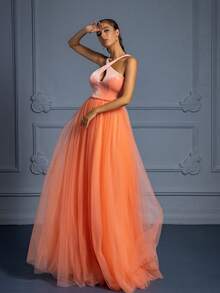 VIPGIRL A-Line Backless Velvet Mesh Formal Dress - Women's Long Formal Evening Gown - Orange - View 5