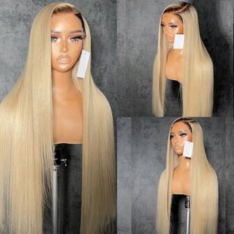 13x6 Long Ombre Blonde Wigs Dark Roots Straight Wig HD Lace Frontal Wigs Pre Plucked Glueless 180% Density Heat Resistant Fiber Wig For Women Long Straight Silk Natural Wig 28 Inch