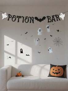Halloween Decor Halloween New Black Glitter Potion Bar Halloween Banner, Bat Ghost Element Sign, Halloween Party Decorations Halloween Witches Haunted House Decoration Banner