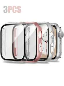 3 Packs Pc + Tempered Glass All-In-One Watch Case, Anti-Drop Stylish Protective Cover, Compatible With Apple Watch Case 40/41/42/44/45/46/49mm, Compatible With Apple Watch Series Ultra/Se/11/10/9/8/7/6/5/4, Smart Watch Accessories Men Wumen - Silver+Rose Gold+Transparent - View 12