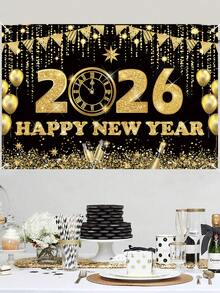 1pc 2026 Happy New Year Party Backdrop, Black & Gold Polyester Background Cloth, 2026 New Year Celebration Party Decor, Home Decor, Room Decor, Wall Hanging Banner, Garden Flag, New Year Hanging Decoration, New Year Gift, 2026 New Year Decoration - New Year Black Gold E - View 8