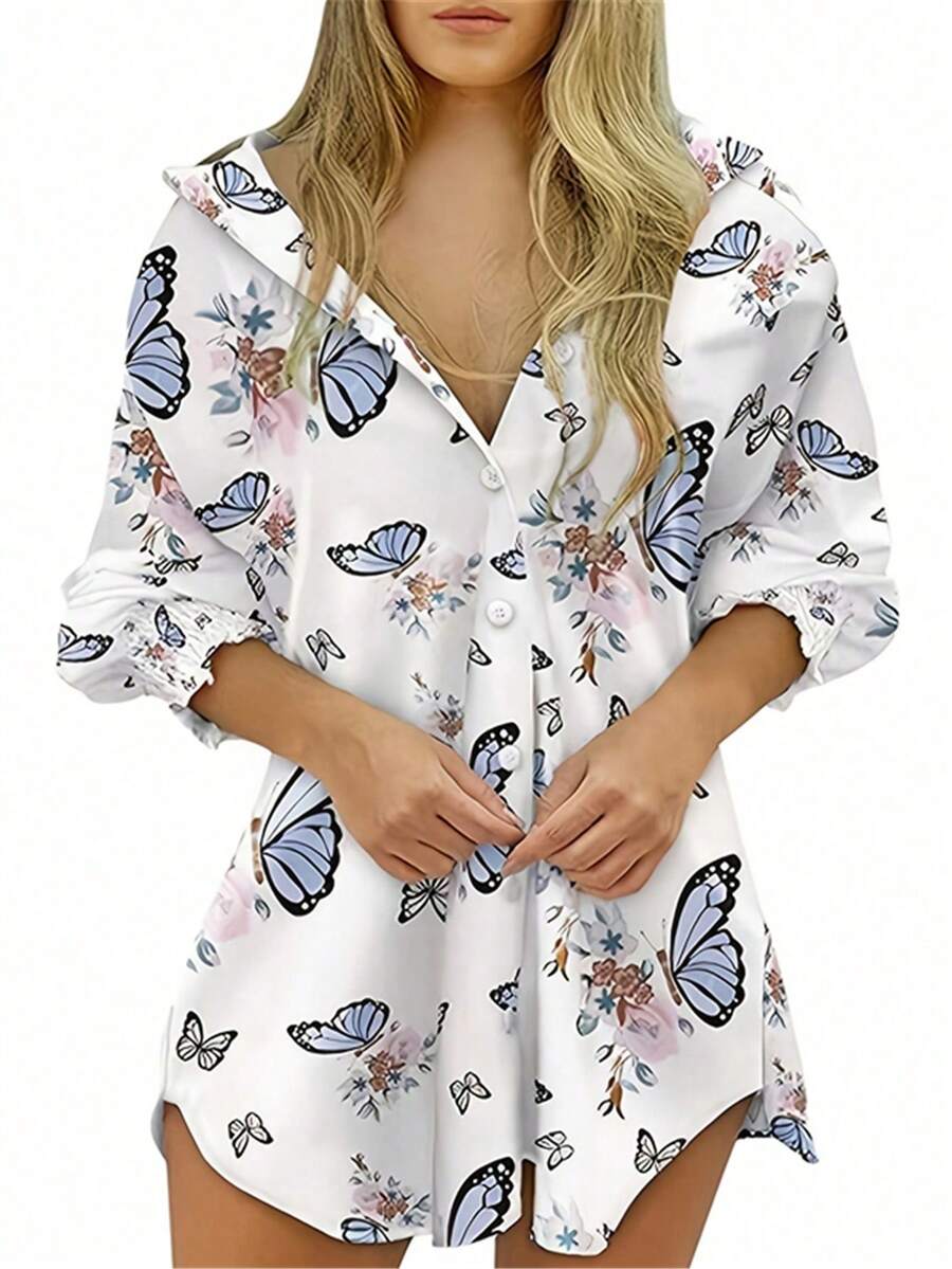 Women's Butterfly Print Single-Breasted Long-Sleeved Shirt Dress,Long Sleeve Tops - White - View 1
