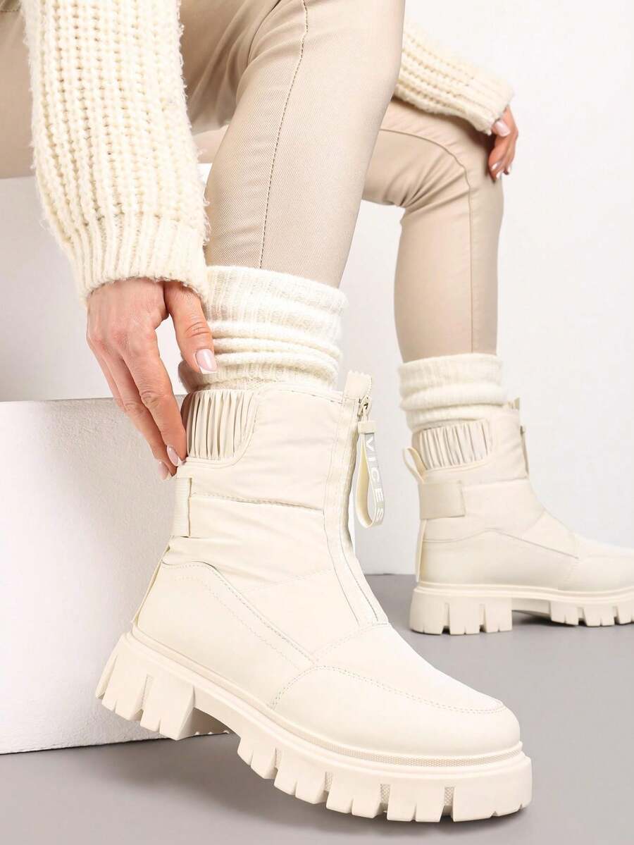 Women's Chunky Platform Snow Boots Casual Winter - Beige - View 1
