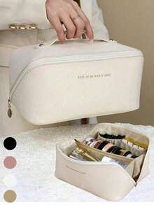 1 Stück PU-Leder Reise Make-up Tasche, großer wasserdichter Kosmetik Organizer mit hoher Kapazität, tragbare Handtasche für Hautpflege & Kosmetik, geeignet für Reisen, Universität, Strand, Schule, Badezimmer, Feiertage, Valentinstag, Muttertag, Weihnachten, Erntedankfest - Aprikosenfarben - Übersicht 2