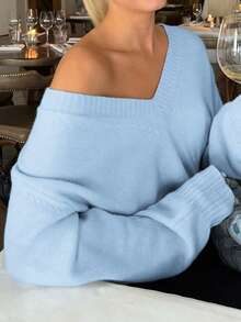 Suéter de invierno para mujer Live To Mo, sudadera con capucha de punto casual con cuello en V, top rosa, adecuado para salir, citas y desplazamientos diarios - Azul claro - Ver 8