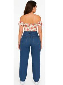 Jeans Pantalon de Mezclilla para Mujer con Bolsas de Cargo Pierna Ancha Flare Tela Stretch Cómoda Versátil Estilo Urbano Uso Diario o Salida de Noche Moda Casual - Azul Marino - Ver 2