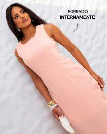 Classic Long Black Dress With Round Neck, Pockets And Elegant Slit Design - Màu hồng cá hồi - Xem 8