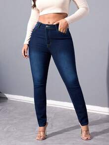 Women's Fall Winter  Slim Fit Pants Long Skinny Denim Jeans With Pockets And Zipper For Everyday Casual Style - Dark Wash - View 1