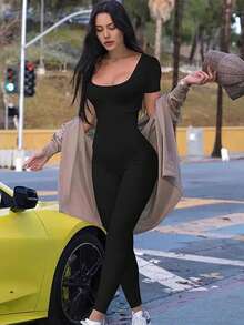 Mono deportivo de manga corta con cuello cuadrado para mujer de unicolor, de corte ceñido de moda - Negro - Ver 5