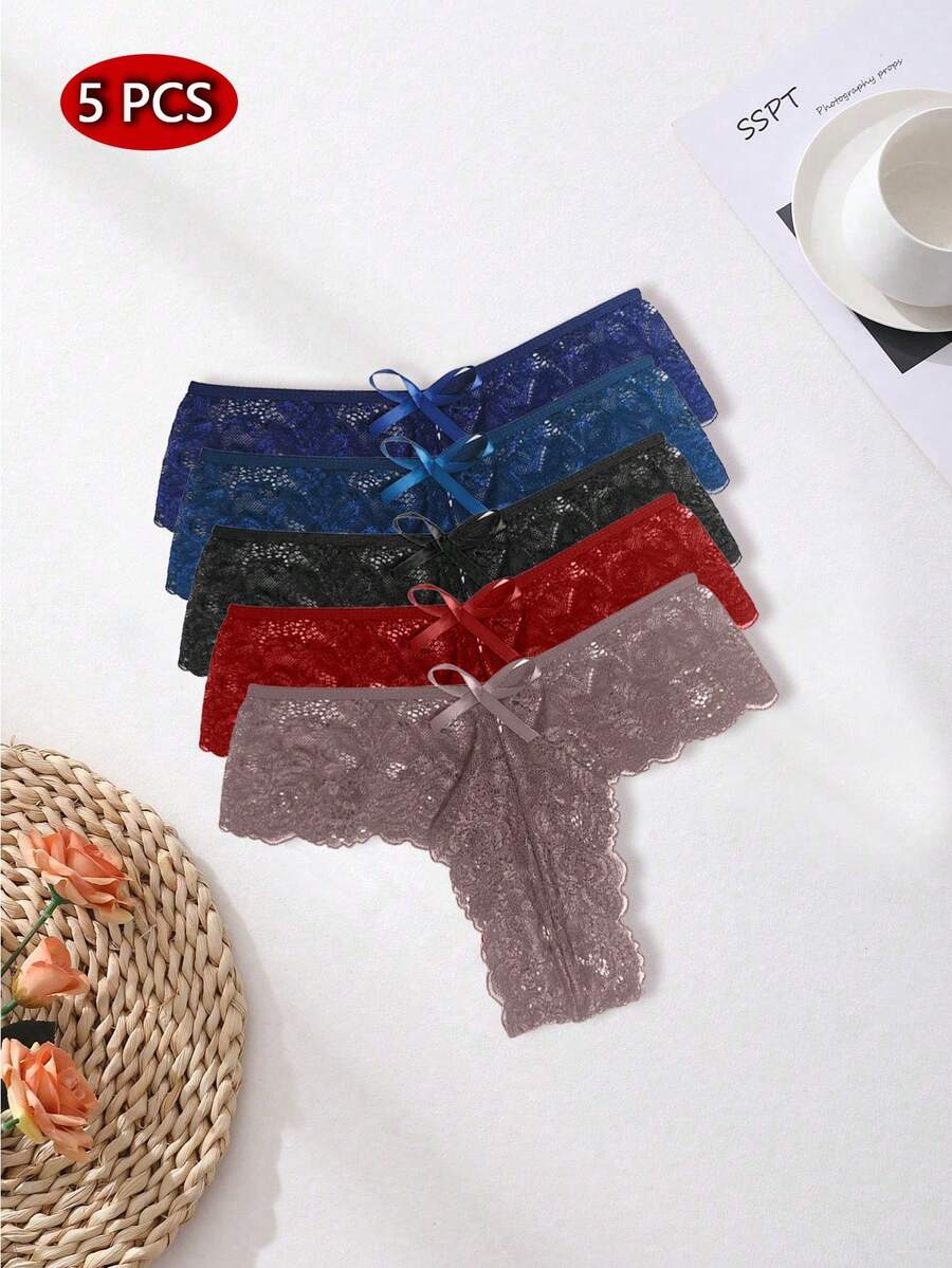 SOFUSEN 5pcs/Set Sexy Lace Bow Lingerie Set, Cute & Playful, Women's Romantic Underwear Set, Sexy Sleepwear - 5 Pcs - View 1