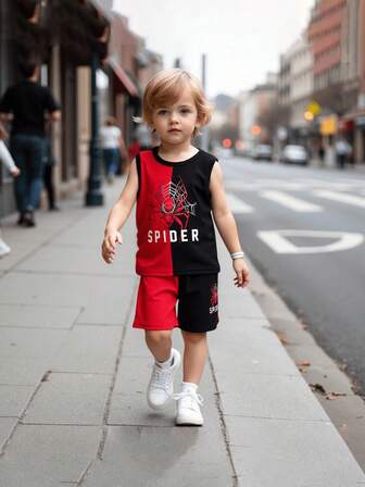 2pcs/Set Toddler Boys' Fashion Casual Outdoor Sports Spider Graphic Round Neck Sleeveless T-Shirt And Shorts Set, Summer