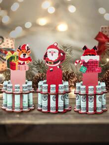 3pcs Christmas Wooden Money Holder Decoration Ornament, Charming Christmas Chimney Old Man Elk Pattern Wooden Money Holders, Festive Ornament Money Dispenser For Winter Holiday Party Decor, Christmas Ornament Money Holder