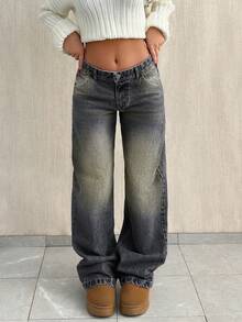 女式休闲浅色水洗牛仔阔腿牛仔裤，带纽扣和口袋细节，高腰，无弹力直筒裤，适合日常穿着 - 黑色 - 查看 1