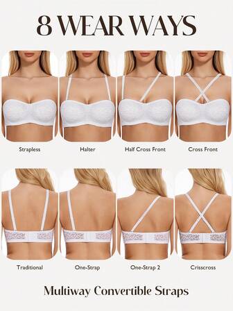 Wingslove Soft Comfort Floral Lace Strapless Bra, Demi-Cup Unlined Underwire Minimizer, Multi-Way Bandeau With Adjustable Fit, Lingerie