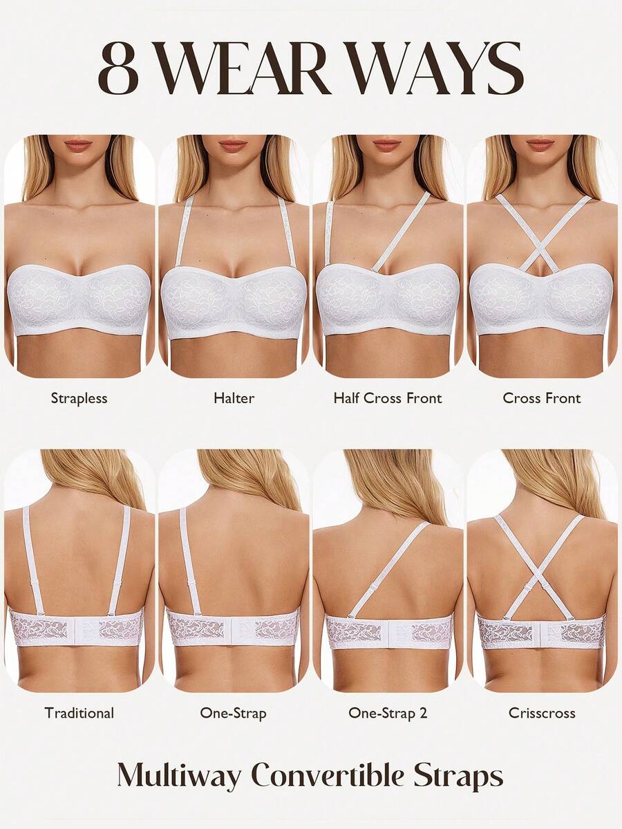 Wingslove Soft Comfort Floral Lace Strapless Bra, Demi-Cup Unlined Underwire Minimizer, Multi-Way Bandeau With Adjustable Fit, Lingerie