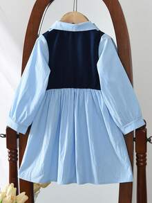 Fall Splice Long Sleeves Love Patch Shirt-Like Dress For Young Girls Spring Turn-Down Collar Fashion Style Clothes Young Girl Casual Wear 3 To 7 Years - Blue - View 2