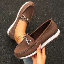 Comfortable Lightweight Women Shoes Slip On Loafers Low Top Round Toe Casual Chain Decorated - Cà phê nâu - Xem 10