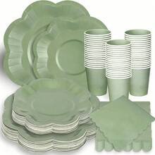 10 piezas/20 piezas/50 piezas/Set, Plato, vaso y toalla de papel de color verde salvia, Vajilla desechable de 9"x7" con plato en forma de abanico, Plato desechable de color verde salvia adecuado para fiestas, cenas, bodas, bautizos, revelación de género, plato para tarta de cumpleaños, fiestas festivas, comidas en grupo